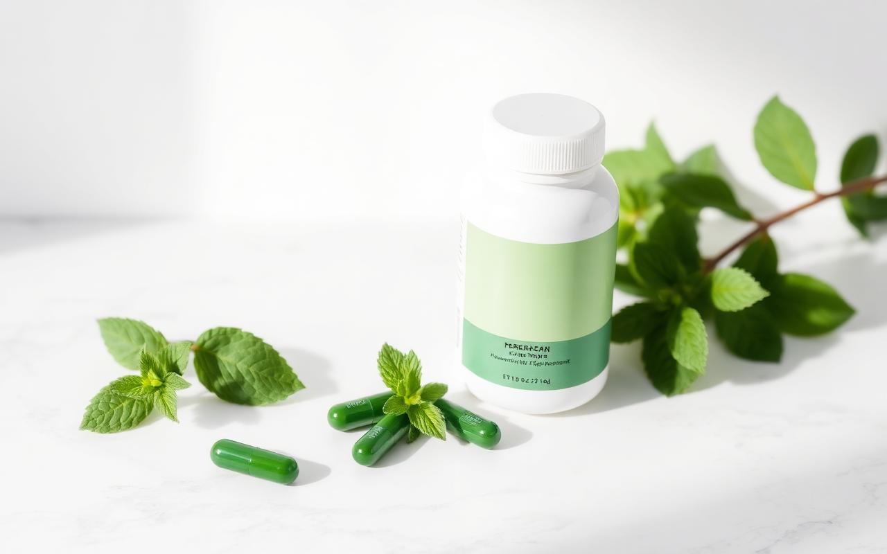 Flacon de gélules RetaFit posé sur un plan de marbre avec des feuilles de menthe